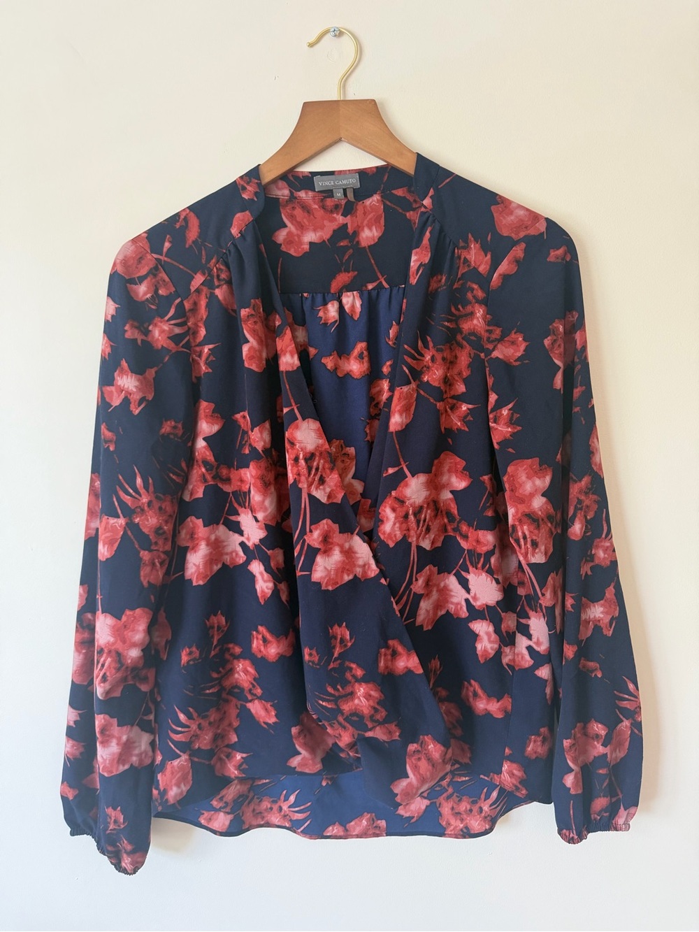 Vince Camuto Navy Blouse with Red Floral Print and V-Neck